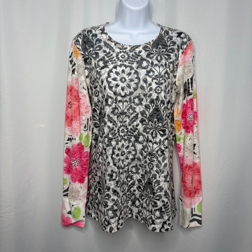 Whimsy Rose Womens Baby Waffle Knit‎ Damask Floral Mixed Print Top Gray Pink L